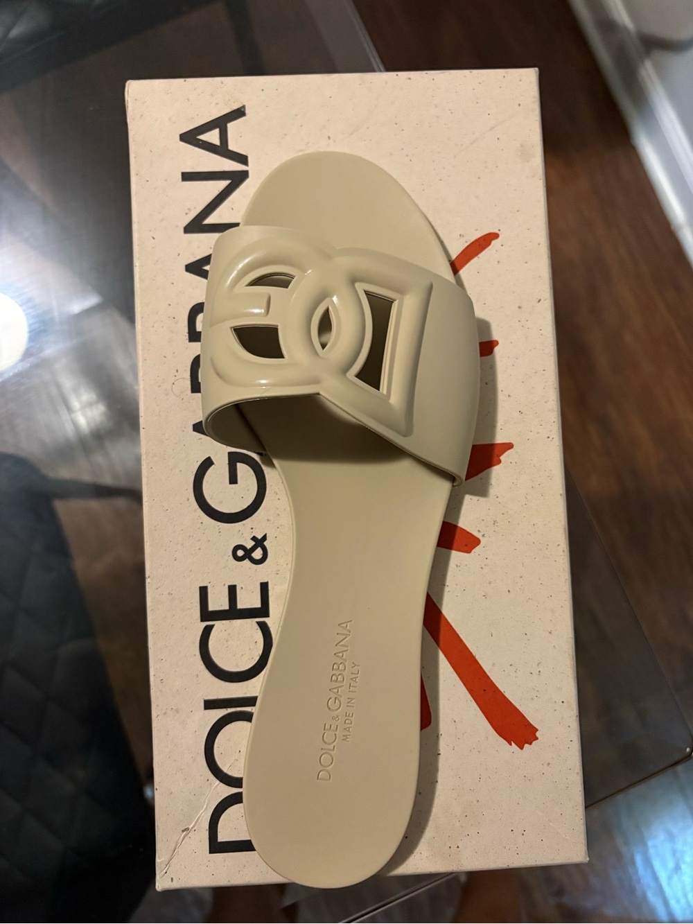 Dolce & Gabbana Cream Logo Slide Sandals